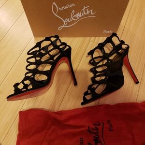 Christian Louboutin Sandal Suede Black 4-inch Hill 39.0 Leather
